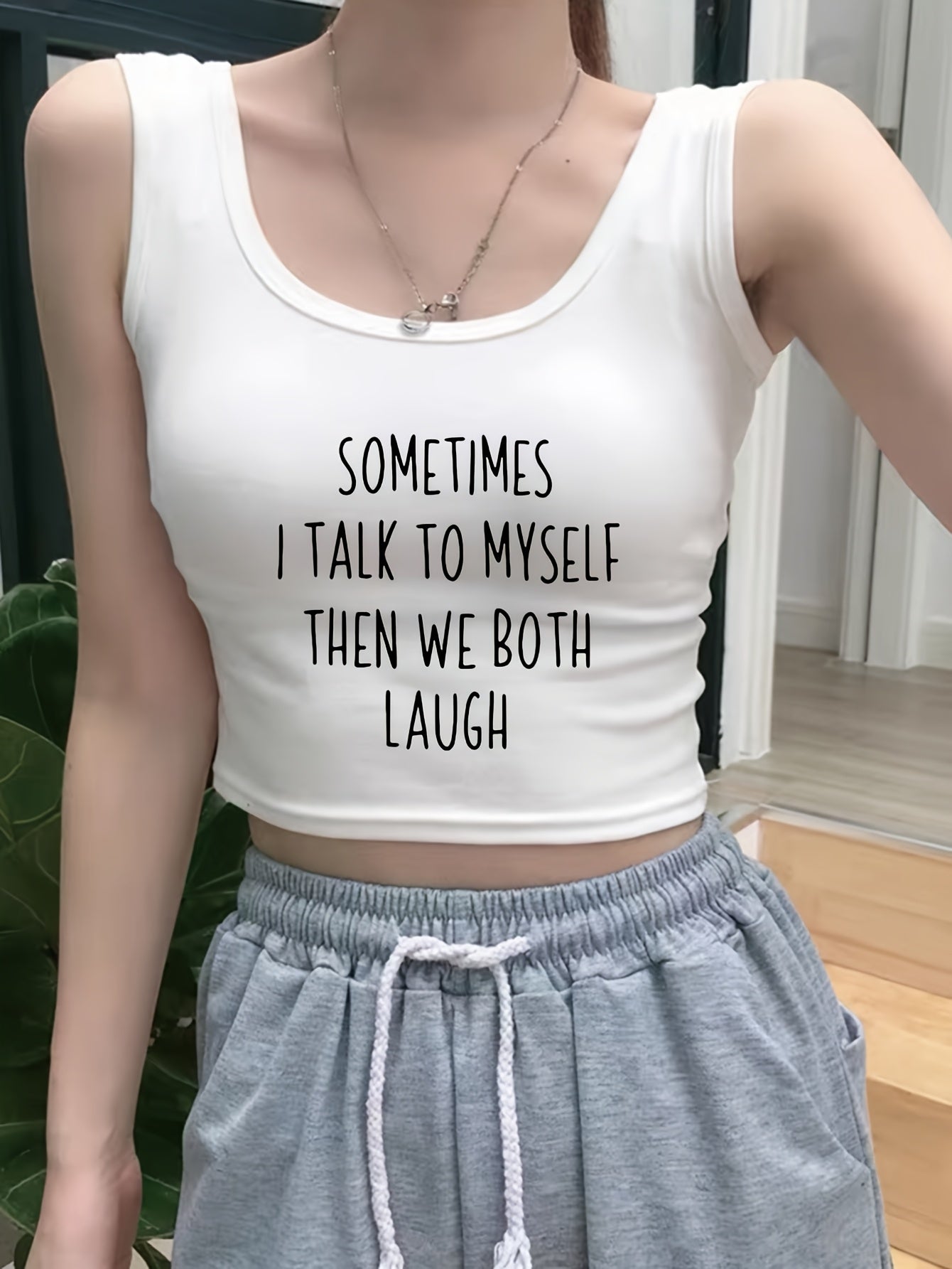 Women's Sexy Sleeveless Crop Vest with "Sometimes I Talk to Myself" Letter Print - Black & White Casual Stretchy Round Neck Top, Machine Washable Regular Fit for All-Season Wear